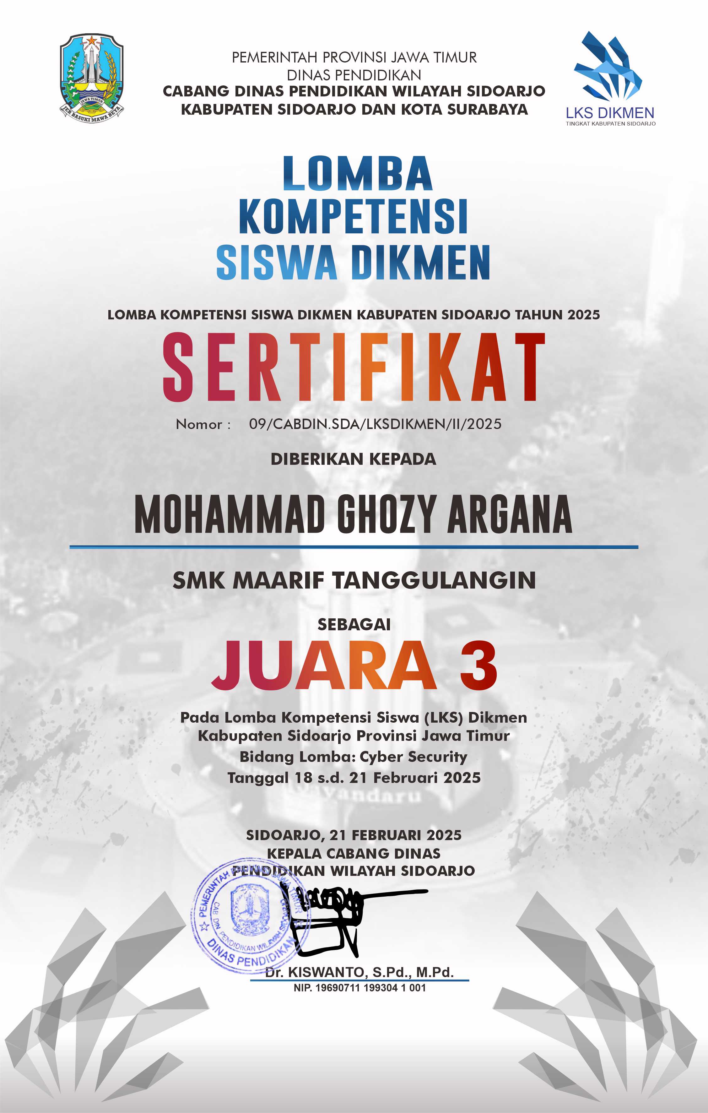 Sertifikat LKS Dikmen Sidoarjo 2025